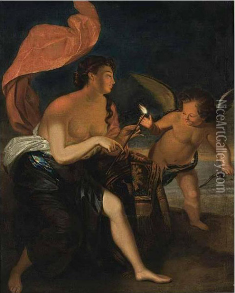 Venus Presenting A Burning Arrow To Cupid Oil Painting - Godfried Schalcken