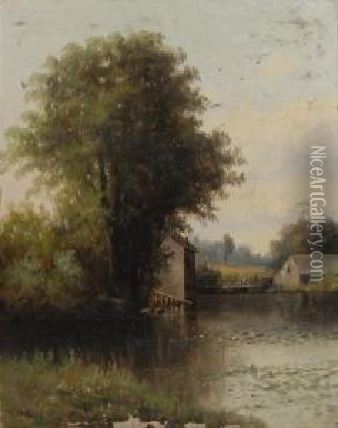 Landscape With Figures On A Bridge Oil Painting - Wesley Webber