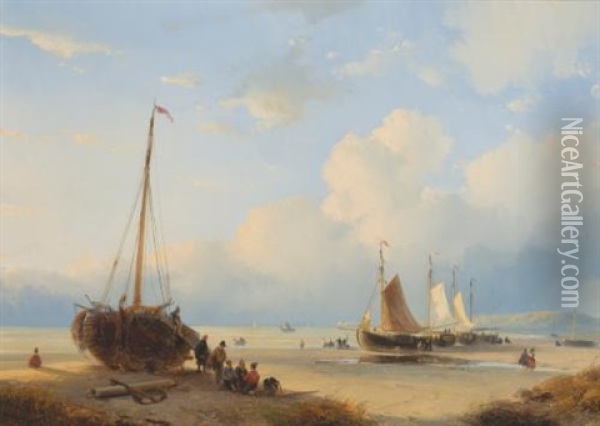 Fisherfolk With Beached Vessels Oil Painting - Andreas Schelfhout