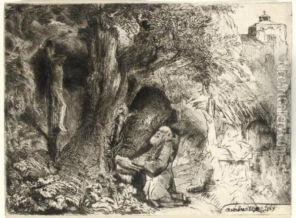 Saint Francis Beneath A Tree Praying (b. Holl. 107; H. 292) Oil Painting - Rembrandt Van Rijn