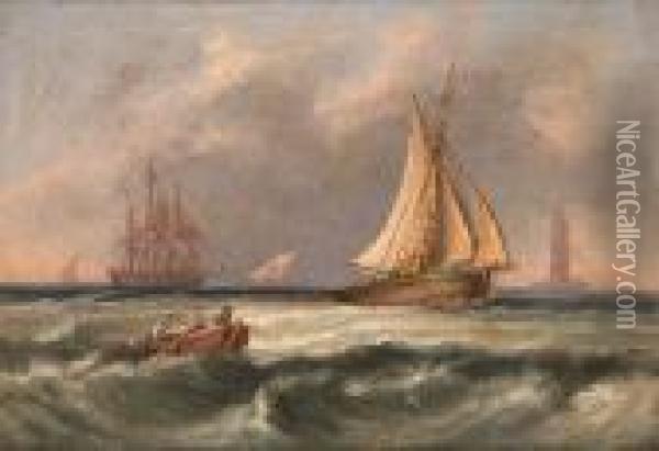 Vessels Off A Lighthouse Oil Painting - Thomas Luny