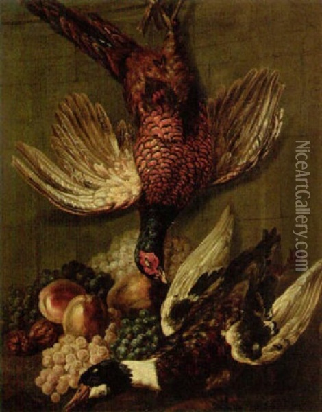 Still Life Of Fruit With A Hung Pheasant And Duck Oil Painting - Jean-Baptiste Oudry