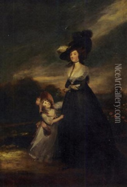 Portrait Of A Lady In A Black Dress And Hat, With Her Daughter In A White Dress And Pink Bonnet Oil Painting - Richard Cosway
