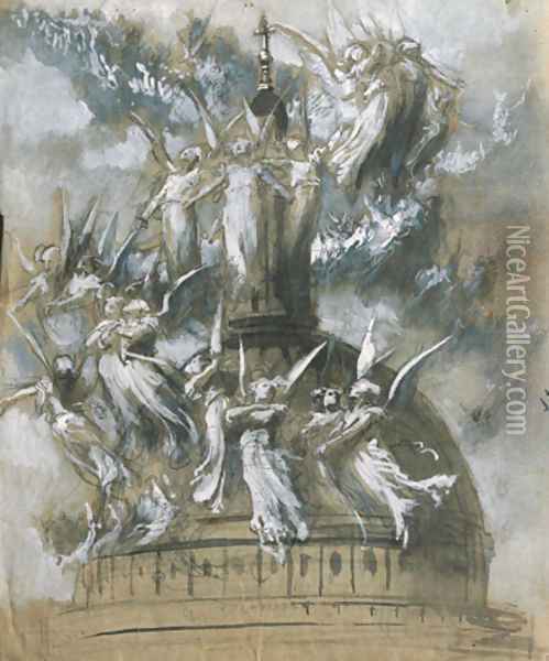 A train of angels around a cathedral spire Oil Painting - English School