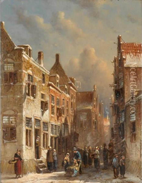 Figures In The Snow Covered Streets Of A Dutch Town Oil Painting - Pieter Gerard Vertin