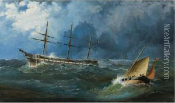 A French Sailing Packet Riding Out A Storm Off Penzance Oil Painting - H. Forrest