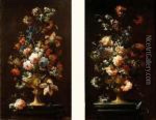 Paire De Bouquets De Fleurs Dans Un Vase Pose Sur Un Entablement Oil Painting - Andrea Belvedere