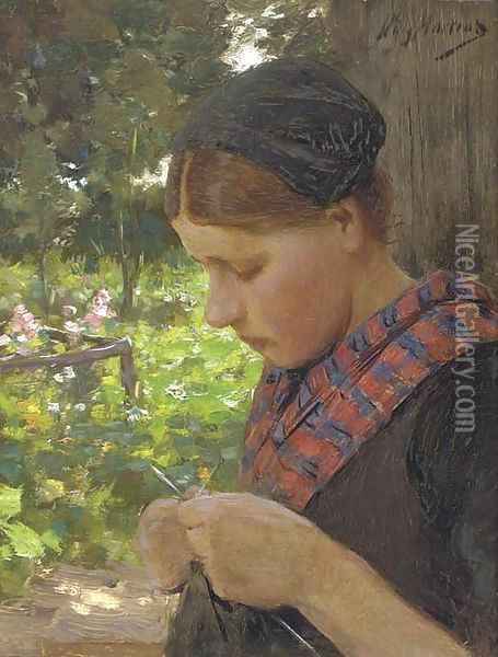 A girl knitting Oil Painting - Willy Martens