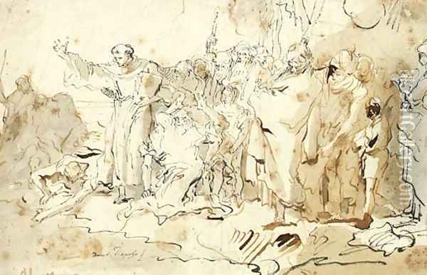 Saint Anthony of Padua preaching to the Fishes on the Beach at Rimini Oil Painting - Giovanni Domenico Tiepolo