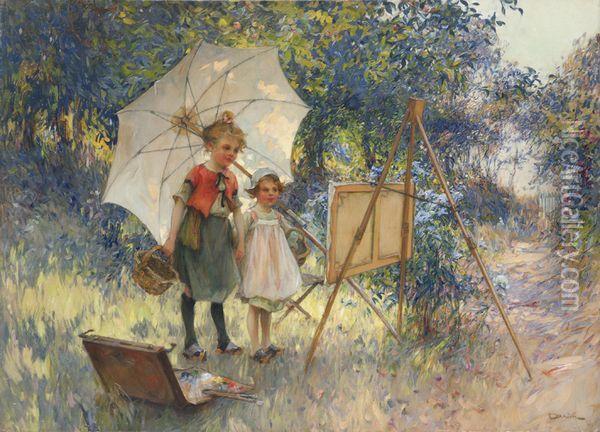 Enfants Au Jardin Contemplant Le Tableau Du Pere. Oil Painting - Henri-Gaston Darien
