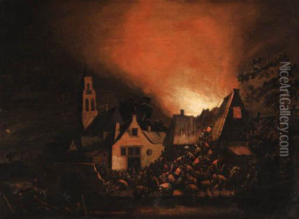 A Townhouse Ablaze At Night With Peasants Fighting A Fire Oil Painting - Egbert van der Poel