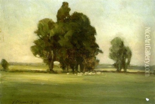 Sheep Grazing Under Trees In Landscape Oil Painting - Joseph Malachy Kavanagh