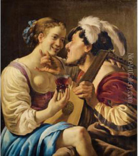 Scene Galante Avec Un Joueur De Luth Et Une Jeune Femme Tenant Unroemer Oil Painting - Hendrick Terbrugghen