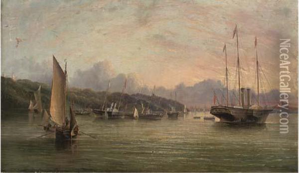 The Flotilla Of Royal Yachts 
Lying In Osborne Bay Prior To Queen Victoria's Departure For France In 
August Oil Painting - Arthur Wellington Fowles
