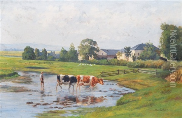 Cows And Herder At The Ford Oil Painting - Dirk Peter Van Lokhorst