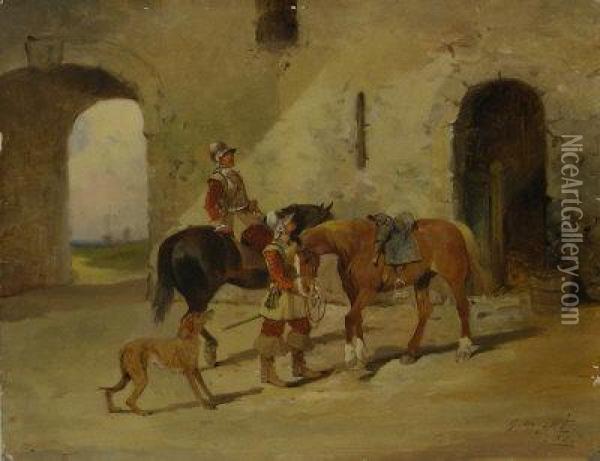 Mounted Soldiers In A Courtyard Oil Painting - George Wright