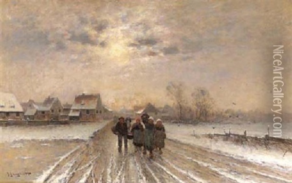 Peasants Leaving A Village In Winter Oil Painting - Johann Jungblut