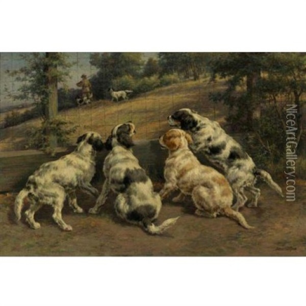 Waiting Their Turn - Four Pups Oil Painting - Edmund Henry Osthaus