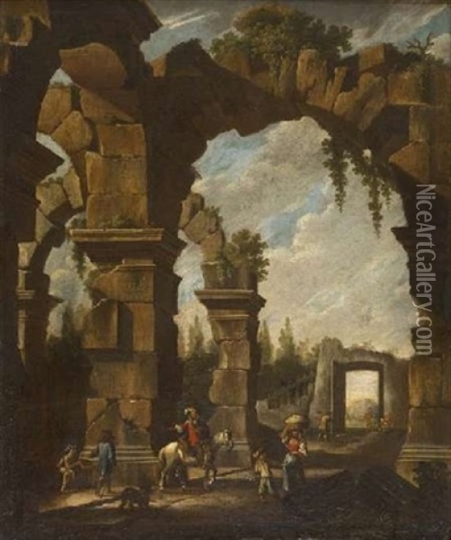 Figures By Classical Ruins (+ Horsemen By Classical Ruins; Pair) Oil Painting - Ottavio Viviani