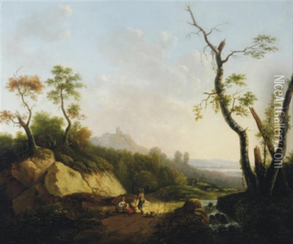 Figures Resting In A Wooded Valley (+ Another; Pair) Oil Painting - Jean-Louis Demarne