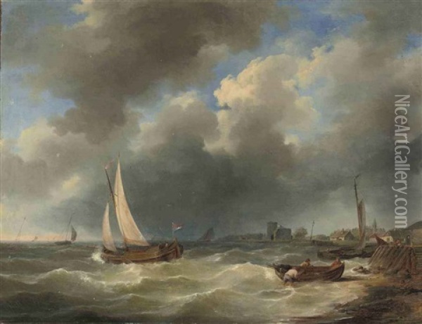 Sailing Vessels In A Stiff Breeze Oil Painting - Hermanus Willem Koekkoek