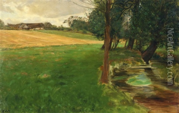 Scenery With A Creek, A Farm In The Background Oil Painting - Hans Andersen Brendekilde