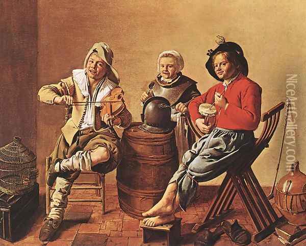 Two Boys and a Girl Making Music 1629 Oil Painting - Jan Miense Molenaer