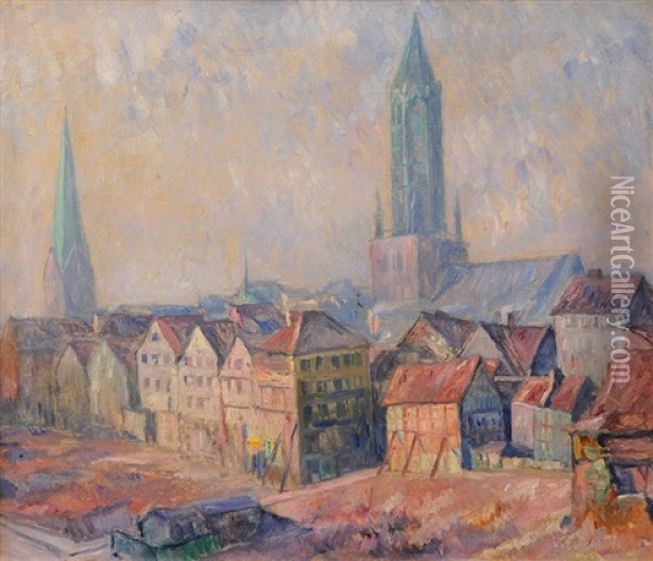 Old Hamburg With St. James Church Oil Painting - Hugo Volkwarth