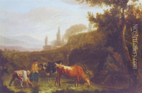 A Couple Watering Cattle In A Stream Oil Painting - Jean-Louis Demarne