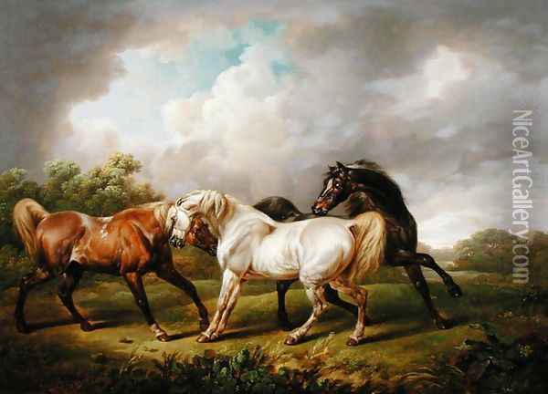 Three Horses in a Stormy Landscape Oil Painting - Charles Towne