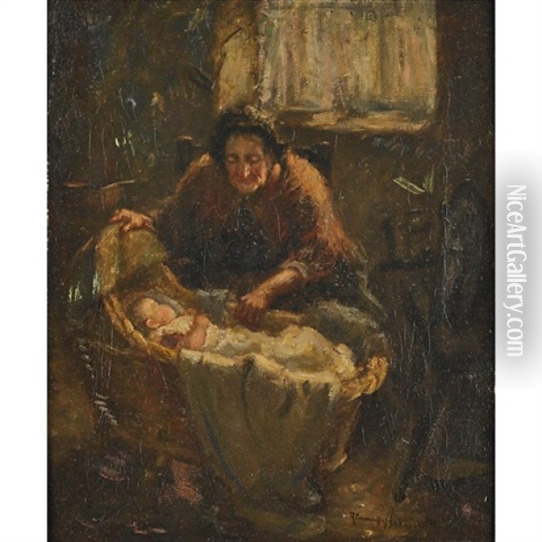 Elderly Woman Baby In A Cradle Oil Painting - Robert Gemmell Hutchison