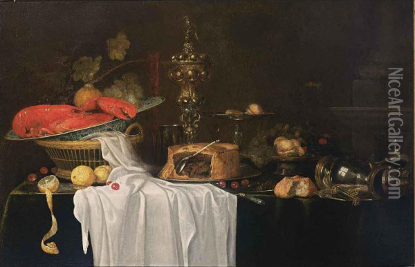 A Sumptuous Still Life With A Lobster In A Wan-li Kraak Porcelain Bowl In A Basket Together With Grapes, Cherries And Lemons, A Flute, A Silver Beaker, A Silver-gilt Cup With Cover, A Pie, A Silver Tazza With Peaches, Figs, Cherries And Hazelnuts On A Pla Oil Painting - Andries, Andrea Benedetti