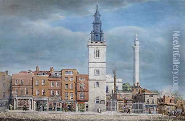 View of St. Michael Church, Crooked Lane, London, designed by Christopher Wren, during demolitions for the New London Bridge, c.1830 Oil Painting - George the Elder Scharf