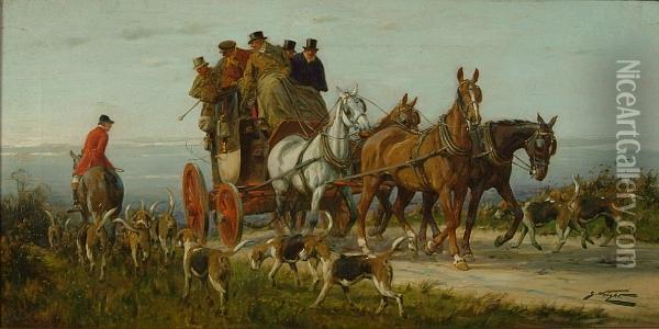 Passing A Hunt On The Road, Spring Oil Painting - George Wright