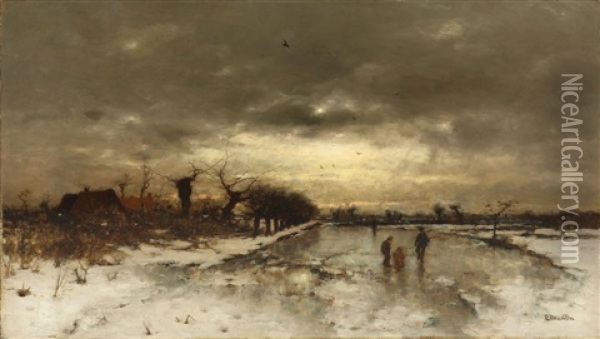 Winterlandschaft Mit Schlittschuhlaufenden Kindern Oil Painting - Ludwig Munthe