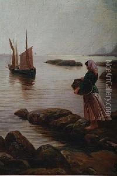 A Waiting The Return Of The Fishingboats Oil Painting - John Henry Boel