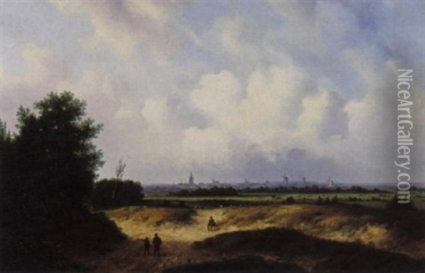 A View Of An Extensive Landscape With Windmills In The Background Oil Painting - Carl Eduard Ahrendts