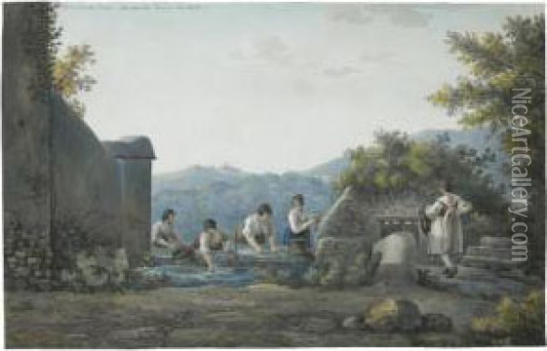Washerwomen At A Fountain Near Tivoli Oil Painting - Franz Keiserman