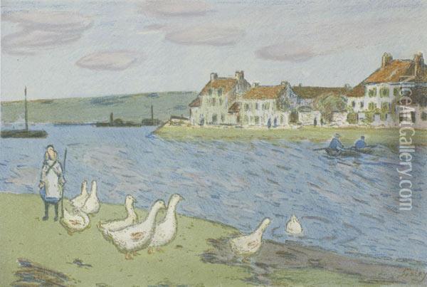 Bords De Riviere - Les Oies Oil Painting - Alfred Sisley