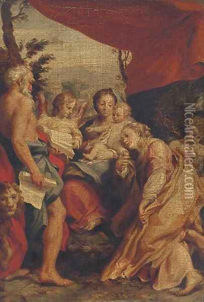 The Madonna and Child with Saints Jerome and Mary Magdalene and angels Oil Painting - Antonio Allegri da Correggio