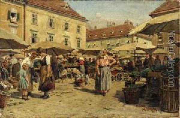A Busy Maketplace
Oil On Panel Oil Painting - Hans Hamza