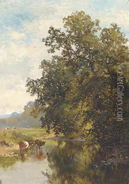 Cattle watering on the River Mole, Surrey Oil Painting - Walter Wallor Caffyn
