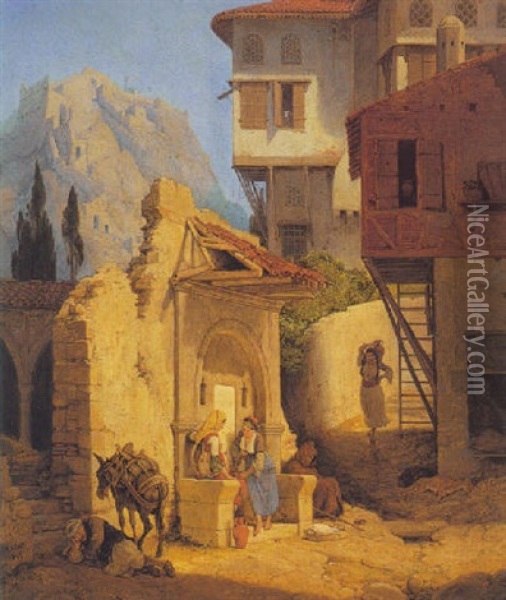 Griechische Bauerinnen Am Dorfbrunnen Oil Painting - Peter Heinrich Lambert Von Hess