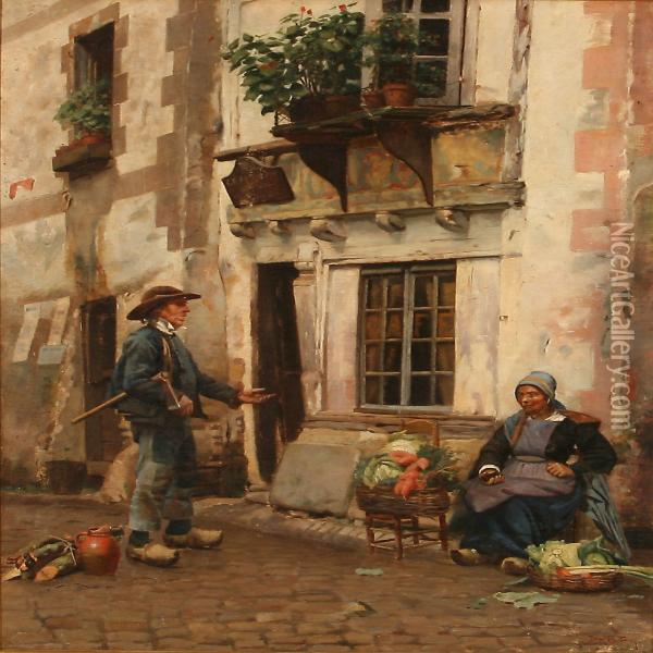 Street Scenery With A Greengrocer And A Lumberjack Oil Painting - Jan Bedys Tom