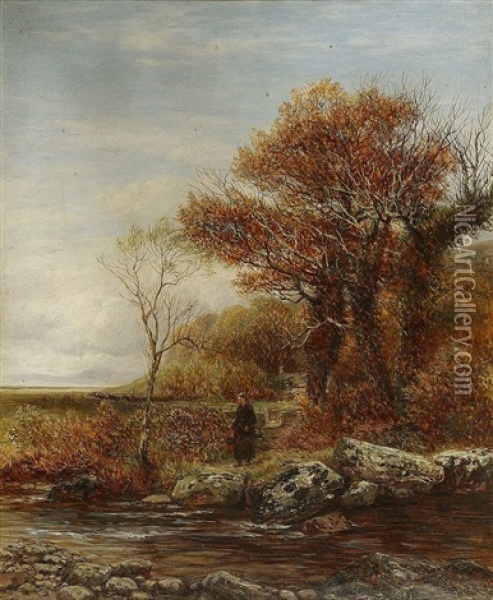 A Woman By A River Near A Cottage With Man Driving Cattle On Horseback Beyond Oil Painting - Charles Thomas Burt