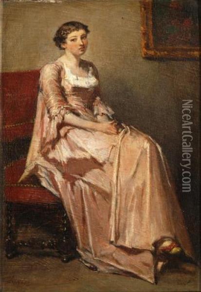 Nachdenkliche Junge Frau In Rosa Seidenkleid Oil Painting - Jean-Baptiste Fauvelet