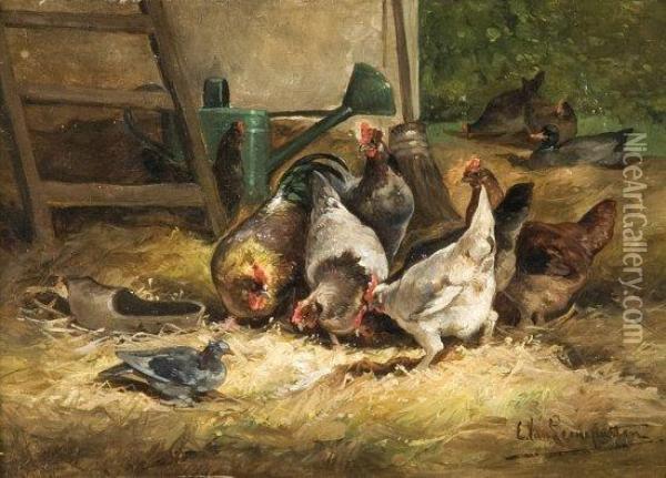 Poules Et Coq Dans Un Poulailler Oil Painting - Cornelis van Leemputten