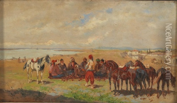 Turkish Riders Ready To Set Out Oil Painting - Alexander Franz Von Bensa