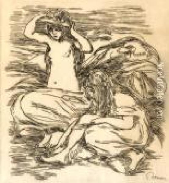 Les Deux Baigneuses Oil Painting - Pierre Auguste Renoir