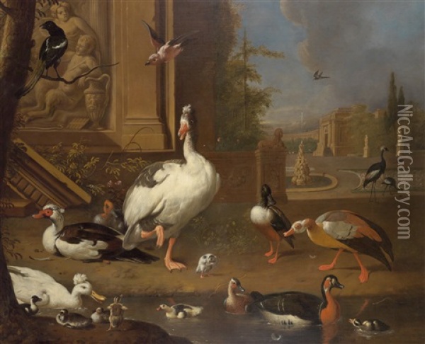 Vogel In Einer Parklandschaft Oil Painting - Melchior de Hondecoeter